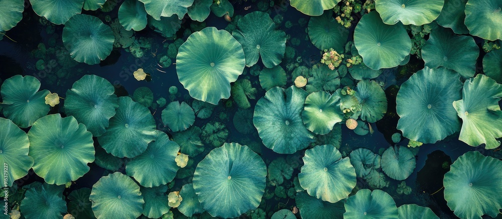 Poster Aerial perspective of lotus plants in a park. with copy space image. Place for adding text or design