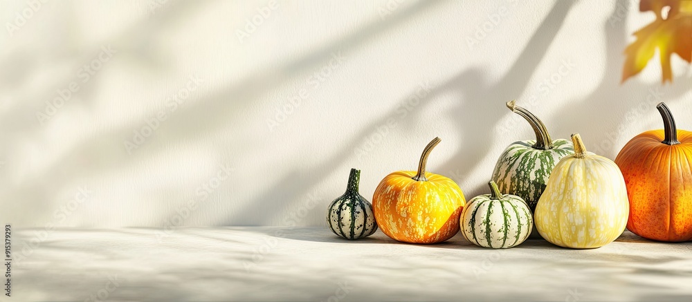 Aufkleber close up of pumpkins and gourds on a light background copyspace for text selective focus