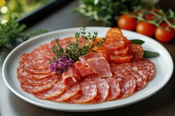 Delicious meat platter with selection of cured meat decorated with herbs