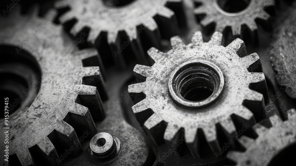Aufkleber close-up view of interlocking metal gears forming a complex mechanism in monochrome