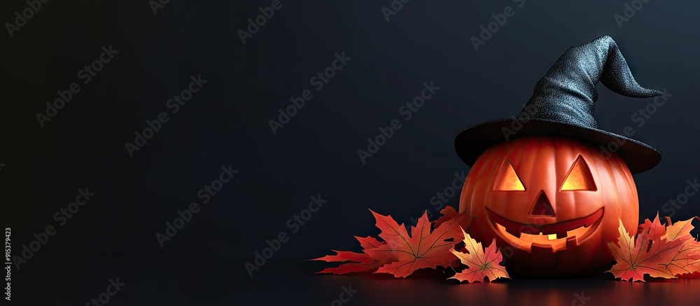 Poster a pumpkin donning a halloween witch hat with maple leaves against a dark background. with copy space