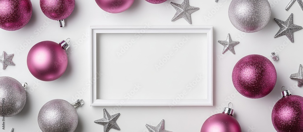Aufkleber christmas decorations pink balls silver christmas stars and a frame on a white background flat lay t
