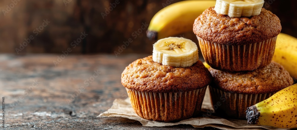 Poster homemade banana muffins are stacked on a brown background a healthy vegan dessert close up with sele