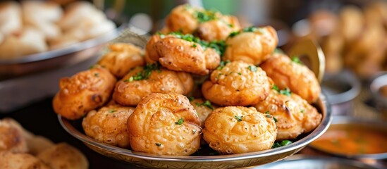 Traditional Indian Gujarati cuisine features dahitra which are fried biscuits or flaky puris with copy space