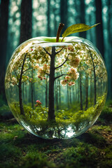 a double exposition that combines a dark forest and a glass apple. The forest serves as a background, a translucent glass figure of an apple, a tree inside.