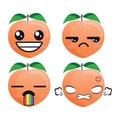Vector set of cute Peach fruit emojis. Isolated on white background. Kawaii cartoon smiling Peaches.