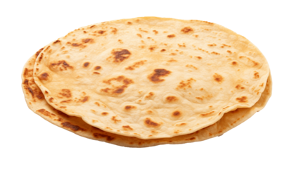 Freshly baked tortilla light golden brown spots isolated on transparent background