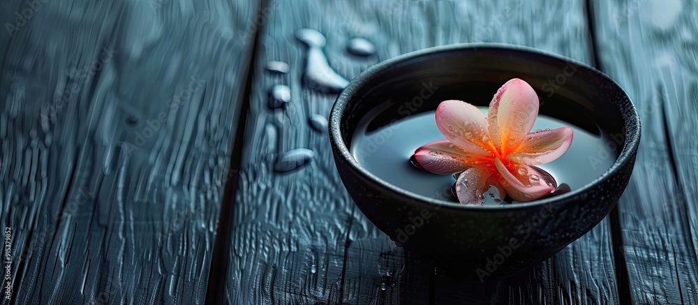 Poster flower floating in aroma bowl on a black wooden table. with copy space image. place for adding text 