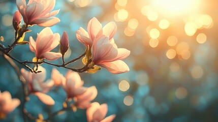 Obraz premium Blooming magnolia flowers on branches in spring garden at sunset