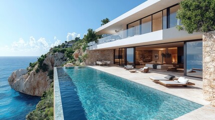 Obraz premium Luxury infinity pool overlooking the ocean at a modern villa