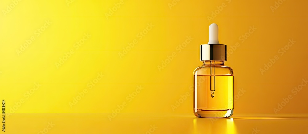 Poster cosmetic hyaluronic acid or hydrating oil and orange essence in a glass bottle with a floating pipet