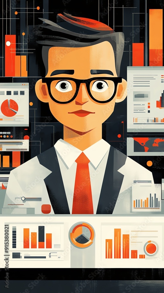 Poster Businessman analyzing data on a computer screen.