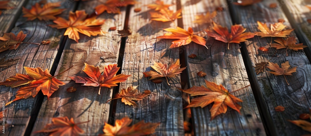 Poster maple autumn leaves on a wooden surface. with copy space image. place for adding text or design