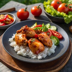 Grilled chicken thighs with spices, he concept of Indian cuisine, baked chicken wings and legs in honey mustard sauce, serving dishes in the restaurant