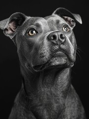 Gray pit bull dog is posing on a black background in a studio