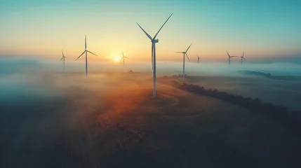 Wind turbines generating clean energy in morning fog at sunrise