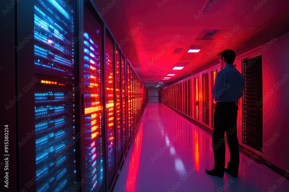 Leinwandbilder it engineer standing in dark data center corridor looking at servers