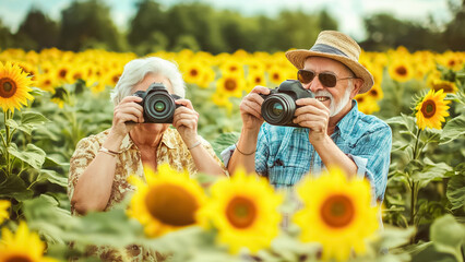 Senior couple happily taking photos in a sunflower field on world photography day, embracing retirement with love and joy, surrounded by nature's beauty