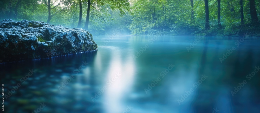 Poster Long exposure of a tranquil water pool in the forest. with copy space image. Place for adding text or design