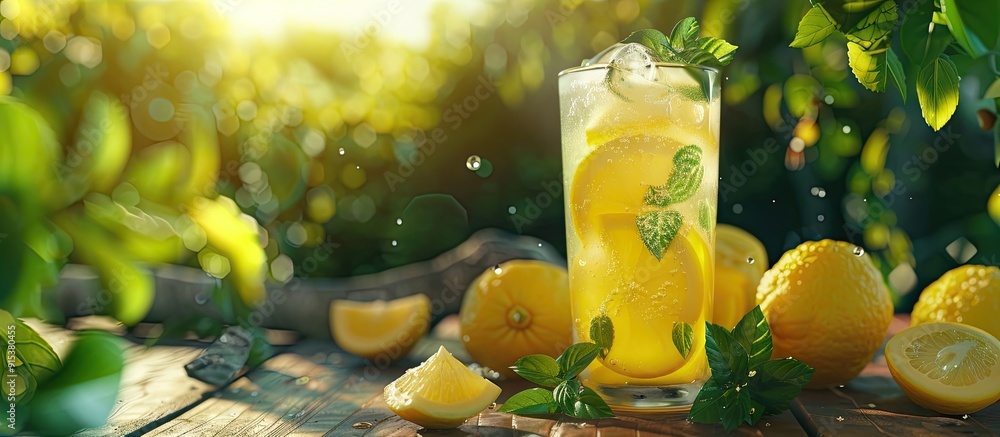Poster lemonade with lemon mint and ice on a garden table. with copy space image. place for adding text or 