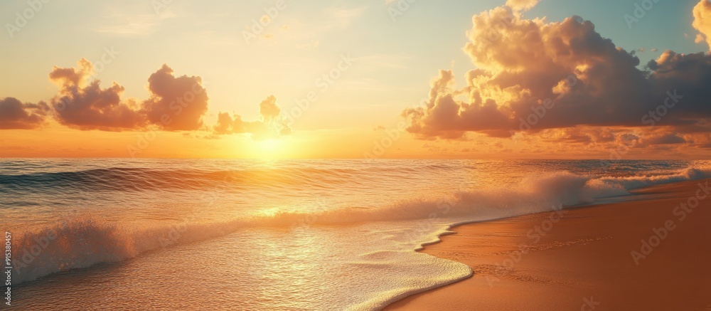 Poster the stunning golden sunrise sunshine and sunset on the beach accompanied by golden clouds. with copy