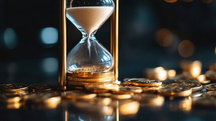 Coins falling through an hourglass, representing the value of time in a financial setting.