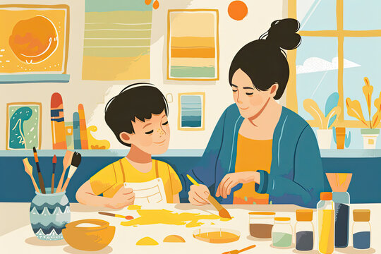 Creative art session between parent and child in colorful studio