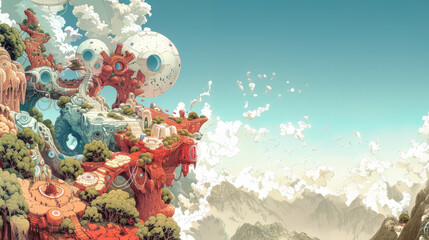 Another strange world, Japanese Isekai. Japan in mythology and culture. Multilayer color painting.