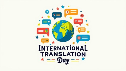 International Translation Day Global Communication Concept: Colorful Speech Bubbles Around Earth