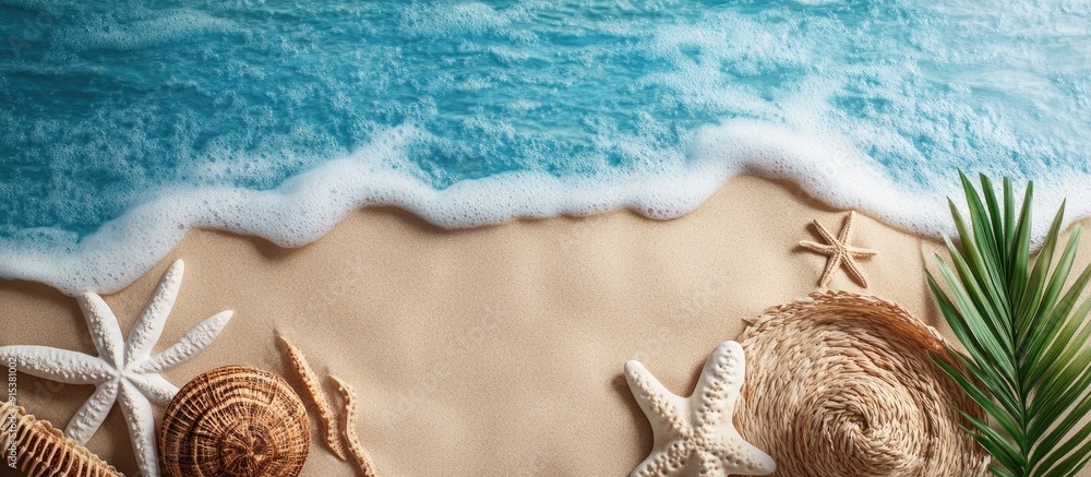 Poster Flat lay arrangement featuring beach items on sand with room for text. with copy space image. Place for adding text or design