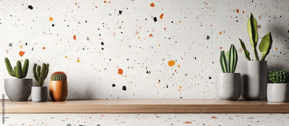 Poster Panoramic view of a desk featuring a terrazzo pattern along with a wooden mockup frame and cacti in gray pots. with copy space image. Place for adding text or design