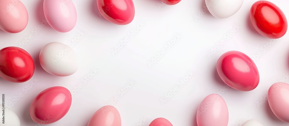 Aufkleber red and pink shaded easter eggs on a white background. with copy space image. place for adding text 