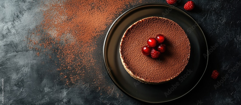 Poster top view of a cheesecake covered in cocoa powder and topped with f. with copy space image. place for