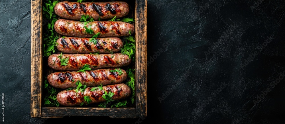 Poster grilled sausages are mixed with herbs in a wooden tray black background top view. with copy space im