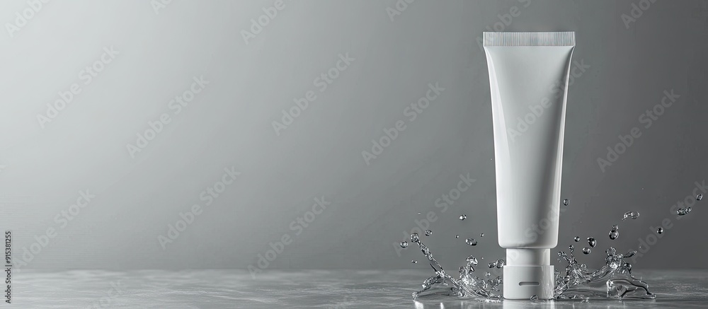 Aufkleber Moisturizing cream in a tube placed on glass with water droplets against a gray background. with copy space image. Place for adding text or design