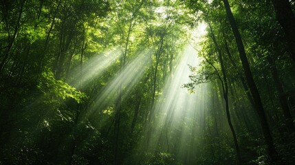 Obraz premium Lush green forest with sunlight streaming through the canopy, showcasing nature's beauty.
