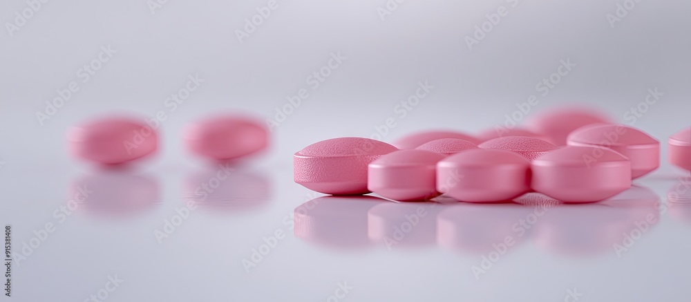 Poster pink vitamin tablets on a white surface. with copy space image. place for adding text or design