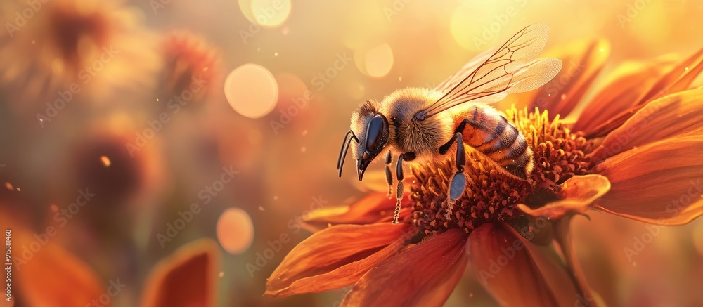Aufkleber A bee on an orange flower gathering pollen and nectar for the hive. with copy space image. Place for adding text or design