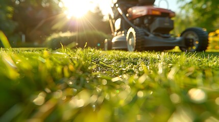 A dynamic shot of a lawnmower trimming the lawn edges, clear and sharp lines, lush green grass, bright sunny day, detailed and vibrant, hd quality, natural lighting, soft focus. --ar 16:9 --v 6.