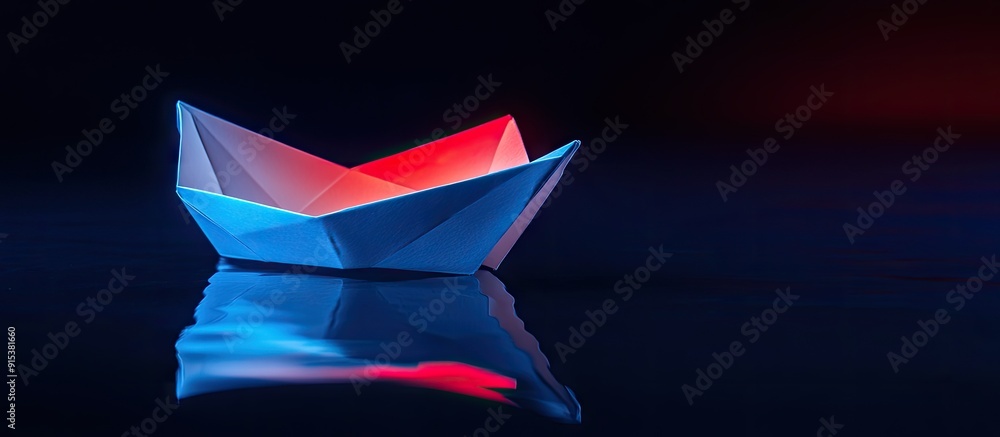 Poster Folded white paper boat set against a black background Lit in blue and red featuring a reflection Close up with selective focus. with copy space image. Place for adding text or design