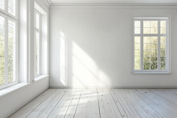 Fototapeta premium Bright living room interior with white empty wall