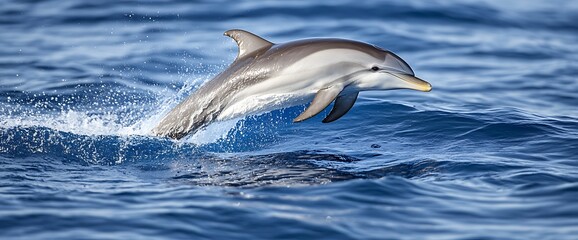Fototapeta premium dolphins jump out of the water. seagulls fly high in blue sky