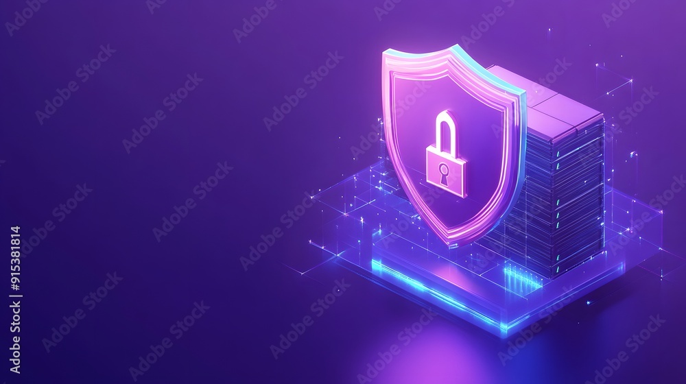 Poster 3d illustration of a glowing cybersecurity shield and lock in a digital environment. concept of data