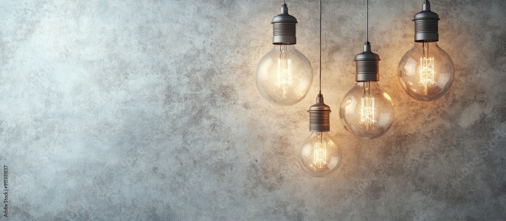 Poster concept of ideas and leadership with vintage bulbs on a wall background featuring copy space for tex