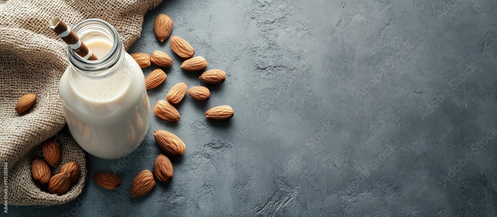 Poster almond milk in a glass bottle with almonds on a gray marble table horizontal image copyspace top vie