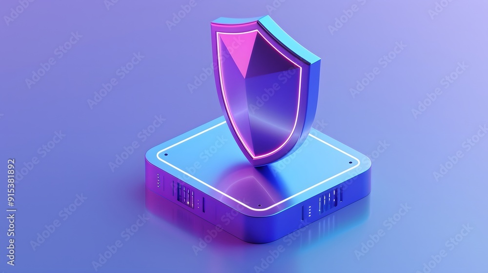 Poster 3d illustration of a glowing security shield on a platform, symbolizing cybersecurity and data prote