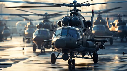 Production of helicopters at a factory among equipment