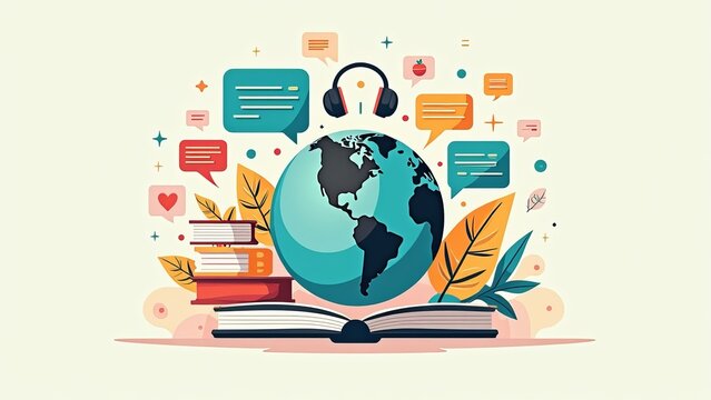 World Language Day Global Education Concept: Books, Earth, and Communication Icons