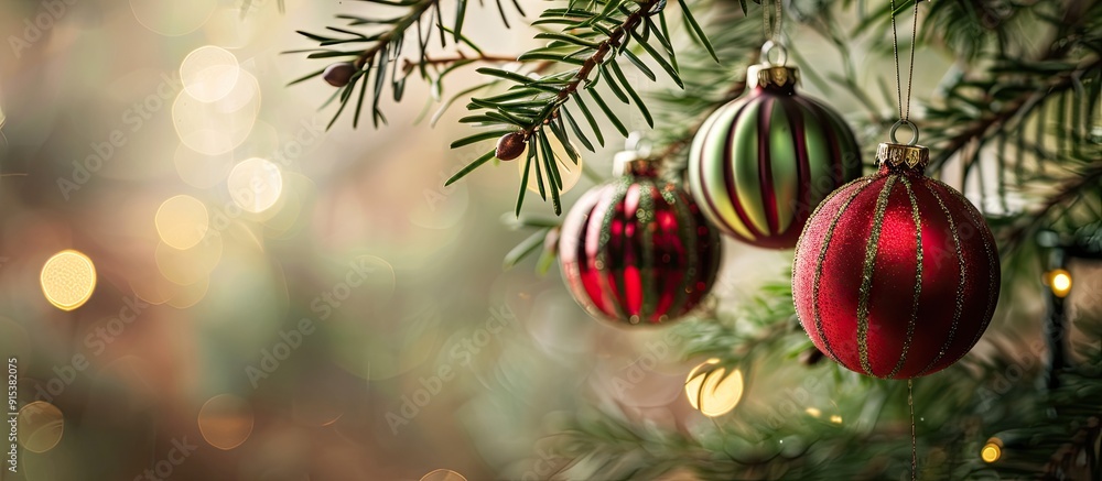 Poster Christmas ornament hanging from a tree branch with copy space on a white background