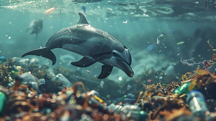Fototapeta premium Dolphins swimming underwater floats in the sea in ocean 